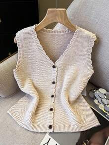 Franclia 休闲宽松V领无袖毛边杏色女士春夏针织上衣，春夏女装休闲衬衫，杏色夏季开衫，女士毛衣背心，背心衬衫，针织上衣 - 杏色 - 查看 7