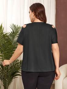 Lacomfia Áo thun nữ cỡ lớn cổ chữ V tay ngắn khoét lỗ đính đá lấp lánh, kiểu dáng đơn giản, đa năng. - màu đen - Xem 2