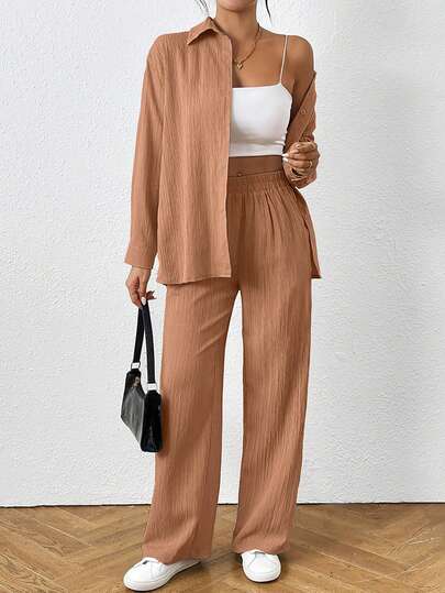 SHEIN PETITE Kadınlar için Düz Renk Minimalist Uzun Kollu Üst ve Pantolon 2 Parça Takım, Günlük Rahat Giyim