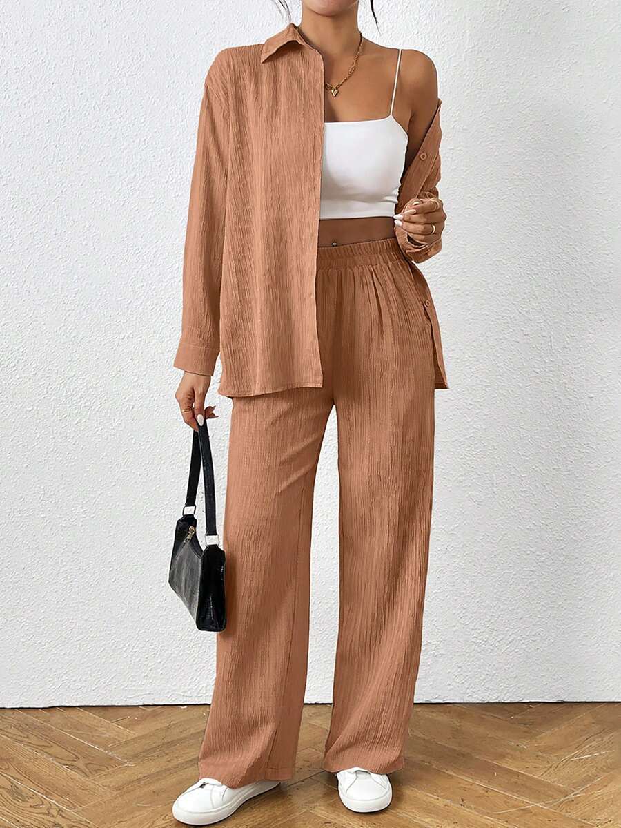 SHEIN PETITE Bộ đồ nữ màu trơn tối giản gồm áo dài tay và quần, thích hợp mặc hàng ngày. - trái cam - Xem 1