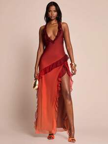 SHEIN BAE 渐变色V领高开衩荷叶边修身连衣裙，渐变色度假长裙，沙滩裙，夏季连衣裙 - 橘色 - 查看 3