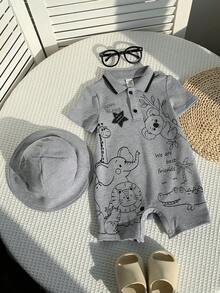 SHEIN 2件套新生儿男女宝宝可爱动物印花短袖连体衣和遮阳帽套装，春夏宝宝服装套装 - 灰色 - 查看 4