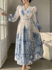 DAZY Women's Elegant Floral Print V-Neck Puff Sleeve Tie Waist Mid-Length Dress, Spring/Summer Wedding Guest Dress - Blue - View 6