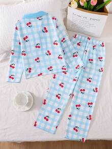 Sparklyn 学院风睡衣套装,浅蓝色格子图案,樱桃印花,翻领开衫,长袖上衣和长裤,甜美少女休闲家居服两件套。 - 藍色 - 查看 3