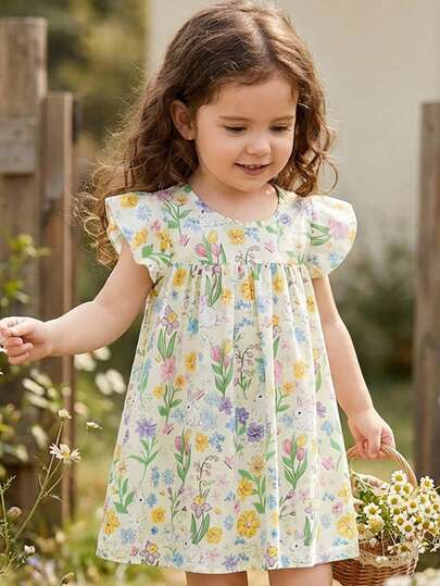 SHEIN Vintaside Kids 女婴幼儿/新生儿 0-3 岁 休闲可爱甜美荷叶边袖连衣裙，适合日常穿着，春夏皆宜