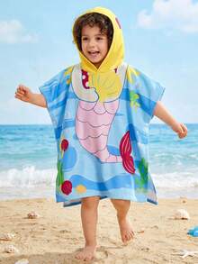SHEIN Kids Long Blue Cartoon Print Polyester Hooded Sleeveless Bathing Suit Cover Up - Blue - View 3