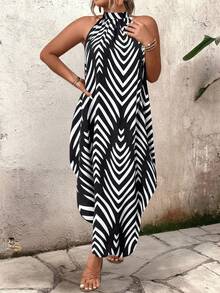 EMERY ROSE Plus Size Mandarin Collar Sleeveless Asymmetrical Print Loose Fashion Summer Dress - Black - View 3