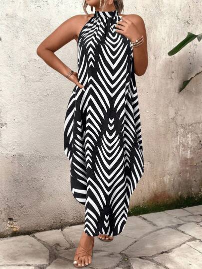 EMERY ROSE Plus Size Mandarin Collar Sleeveless Asymmetrical Print Loose Fashion Summer Dress