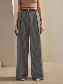 Anewsta Pantaloni a gamba dritta e ampia, stile urbano alla moda minimalista, a righe marroni Maillard, adatti per il pendolarismo, per le donne durante il Natale e il Capodanno - Grigio - Visualizzare 4