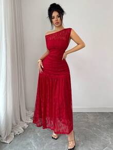 Elenzga 新款女士斜肩蕾丝针织连衣裙，带衬里，年轻优雅，适合情人节、圣诞节、派对等场合，修身百搭长裙 - 紅色 - 查看 8