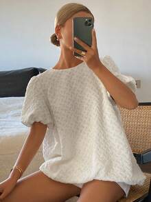 Livesso Women's Lace Puff Sleeve Loose Comfortable Blouse - White - View 5