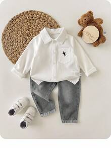 SHEIN 2pcs Toddler Boys Denim Look White Shirt And Grey Jeans Set - Grey - View 6