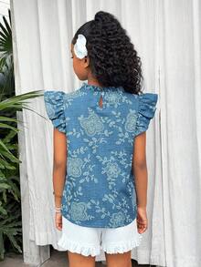 Áo kiểu nữ tuổi teen chất liệu jacquard, viền bèo nhún, thích hợp cho mùa xuân/hè. - Màu xanh lam - Xem 2