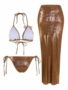 Swim Oasis 3件套夏季新款高端亮片刺绣花卉三角比基尼聚拢泳衣连体泳衣女士 - 棕色 - 查看 2