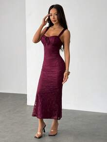 SHEIN PETITE Women's Elegant Lace Patchwork Slip Dress - Red Violet - View 4