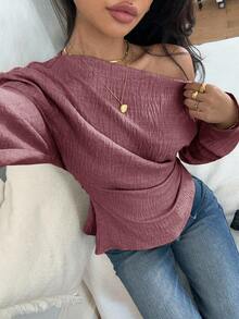 Siren Gaze Women's Solid Color Asymmetric Neck Ruffle Long Sleeve Top,Pink Top - Pink - View 6