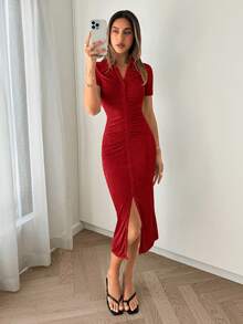 SHEIN Essnce Vestido fruncido con botón - Rosa Roja - Ver 3