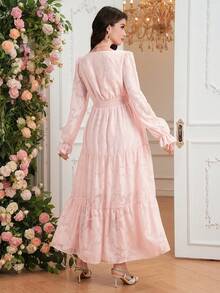 SHEIN Elegant Maternity V-Neck Long Sleeve Ruched Waist Dress - Pink - View 2