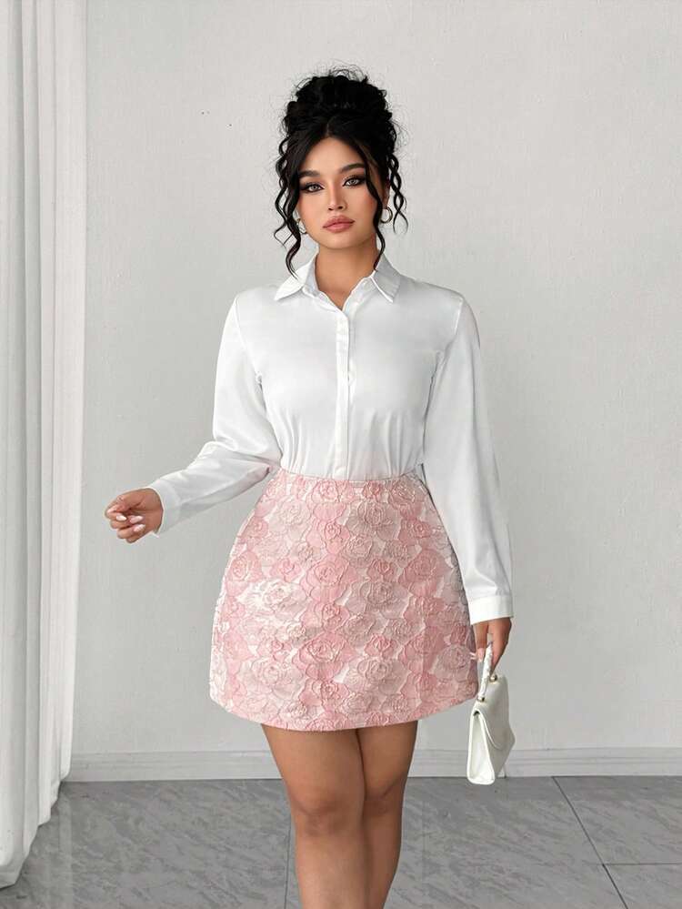 Elenzga Elegant Pink Floral Mini Skirt Plus Size A Line Woven