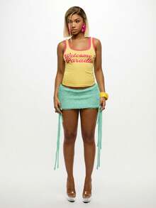 SUMWON WOMEN Crochet Mini Skirt With Fringe Details Textured Knit Bottom Festival Beach Cover Up Boho Style - Mint Green - View 3