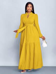 Đầm dài tay dáng chữ A ôm sát, màu trơn, cổ đứng, xẻ tà trước, cúc hình giọt nước, thiết kế cao cấp, thắt eo của SOLERSUN dành cho nữ, thanh lịch và thoải mái, thời trang công sở, kiểu dáng mới, mặc hàng ngày, năm mới, thu đông, hẹn hò, Giáng sinh, thời trang nữ. - Màu Mù tạt vàng - Xem 4