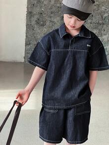 DAZY Tween Boy Letter Graphic Short Sleeve Denim Top And Denim Shorts Casual Outfit Summer - Blue - View 3