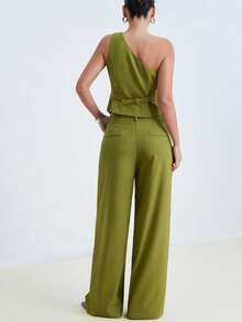 Aveloria Modichic 两件套女士通勤约会绿色前扣肩上衣和裤子套装 - 橄欖綠 - 查看 2