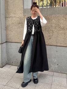 FRIFUL Women's Solid Color Layered Sheer Lace Patchwork Loose Casual Robe, Versatile Spring Outfit Sundress - Black - View 7