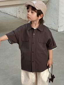 DAZY Camisa casual de manga corta, hombros caídos y botones delanteros de unicolor para niño, primavera-verano - Marrón - Ver 3