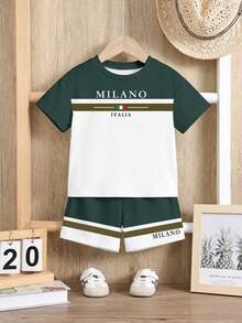 SHEIN Conjunto de camiseta infantil para bebê, modelo casual minimalista clássico, estilo universitário/esportivo, com cores contrastantes, modelagem solta e confortável, ideal para o verão. - Multicolorido - View 2