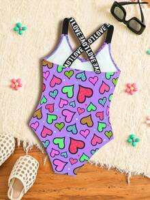 全新时尚女童彩色心形连体泳衣 - 紫色 - 查看 2