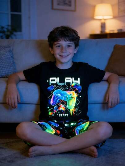 SHEIN 2 st Barn/Tonårspojkar Casual Vardag Bekväm Tryckt Mönster Kortärmad Rund Halsad Pyjamas Set - T-shirt Och Shorts