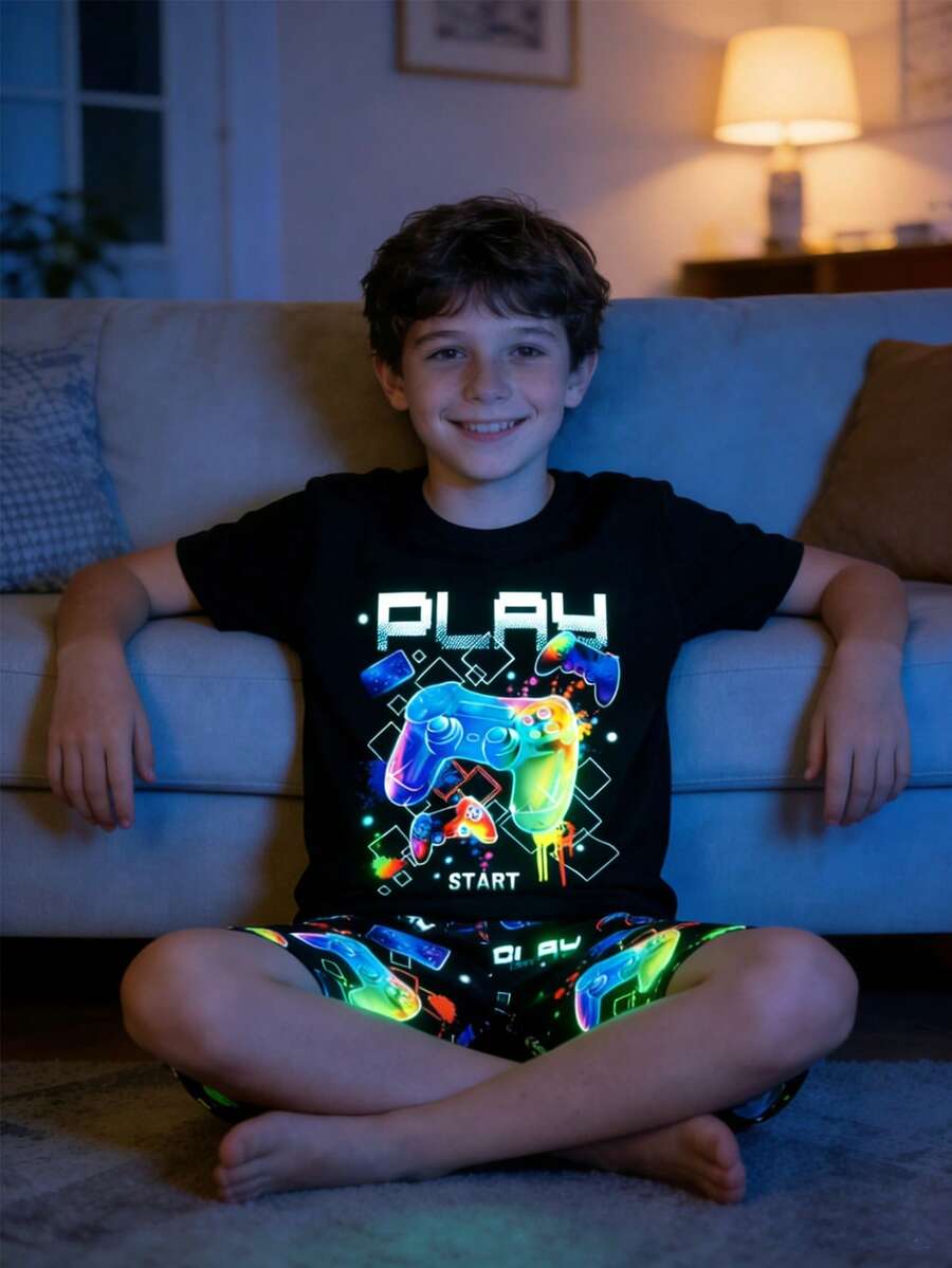 SHEIN 2件套儿童/青少年男童休闲日常舒适印花短袖圆领睡衣套装 - T恤和短裤 - 黑色 - 查看 1