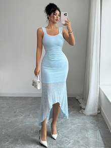 Modelyn Women's Elegant Jacquard Knit Mid-Length Dress, Suitable For Spring/Summer Party And Gathering - Blue - View 6