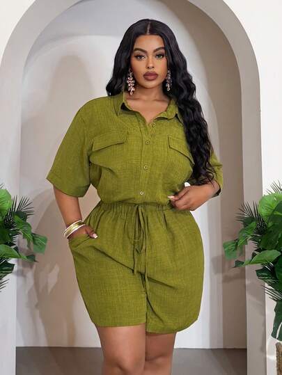 Slaydiva Spring/Summer New Casual Commute & Vacation & Daily Wear & Streetwear & Home Loose Solid Olive Green Short Sleeve Shirt Collar Open Front Utility Pocket Regular Shirt Top And Shorts Set, Woven Fabric, Plus Size Women 2-Piece Set