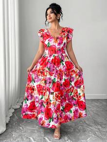 Elenzga 大码女士优雅褶皱短袖收腰长款飘逸印花连衣裙，适合海滩度假 - 彩色 - 查看 5