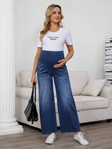 SHEIN Umstandsjeans mit elastischem Bund, verwaschenem Katzenwischer-Effekt und geradem Bein, ideal für Frühling bis Sommer, Valentinstag, Karneval, Pendeln, Urlaub, Abschluss, Chic Y2K, niedliche Streetwear, Party, Hochzeit, elegante Business-Lässig, vielseitige Umstandsjeans mit weitem Bein, blaue Jeans mit elastischem Bund für Schwangerschaftskomfort - Blau - Übersicht 6