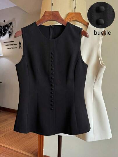 GlowEve ملابس علوية نسائية ذات لون أسود أحادي، بتصميم ياقة دائرية وأزرار، قصيرة وضيقة الخصر، مناسبة للارتداء الرسمي، مناسبة للمهنيين والمعلمين والطلاب والاجتماعات وأعياد الحب والفصح وعيد العمال والسفر، قطعة أساسية جديدة للموضة في الربيع والصيف، بدون أكمام