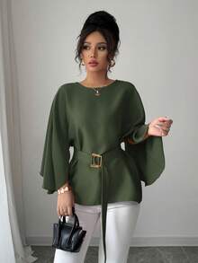 Selianne 女式法式圆领蝙蝠袖腰带亮红色衬衫，春夏 - 橄欖綠 - 查看 4