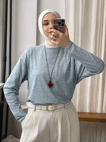 Livesso Women's Spring/Summer Casual Solid Color Loose Drop Shoulder Long Sleeve Top - Baby Blue - View 2