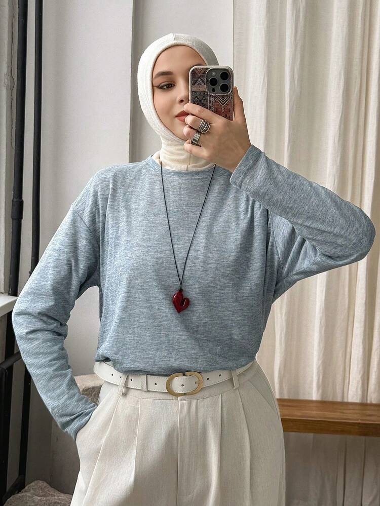 Women's Spring/Summer Casual Solid Color Loose Drop Shoulder Long Sleeve Top