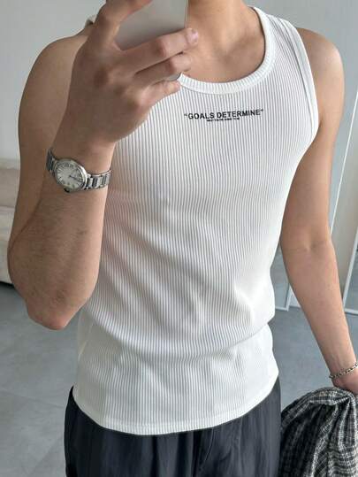 DAZY Summer White Slim Fit Letter Print Streetwear Men Tank Top