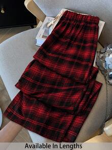 SHEIN Tall CURVE 大码女式休闲格子印花抽绳裤，春夏款，适合情人节、日常生活、通勤、上学、教师、会议、外出、休闲等场合，宽松格子裤，休闲女装，红色裤子 - 紅色 - 查看 1