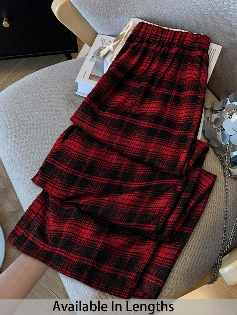SHEIN Tall CURVE 大码女式休闲格子印花抽绳裤，春夏款，适合情人节、日常生活、通勤、上学、教师、会议、外出、休闲等场合，宽松格子裤，休闲女装，红色裤子 - 紅色 - 查看 1