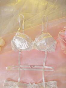 DelicateAllure 2pcs Women Lace Eyelash Patchwork Satin Ribbon Heart Contrast Color Set Wedding Lingerie For Bride White Lace Lingerie Lingerie For Women Adult - White - View 6