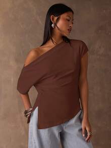 SHEIN BAE Áo thun nữ tay ngắn màu trơn, kiểu dáng thường ngày, vai lệch, thích hợp cho mùa hè. - Cà phê nâu - Xem 6