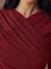 SHEIN BAE Áo thun dài tay xếp ly màu trơn dành cho nữ, kiểu dáng thường ngày. - Màu Đỏ Sâu - Xem 7