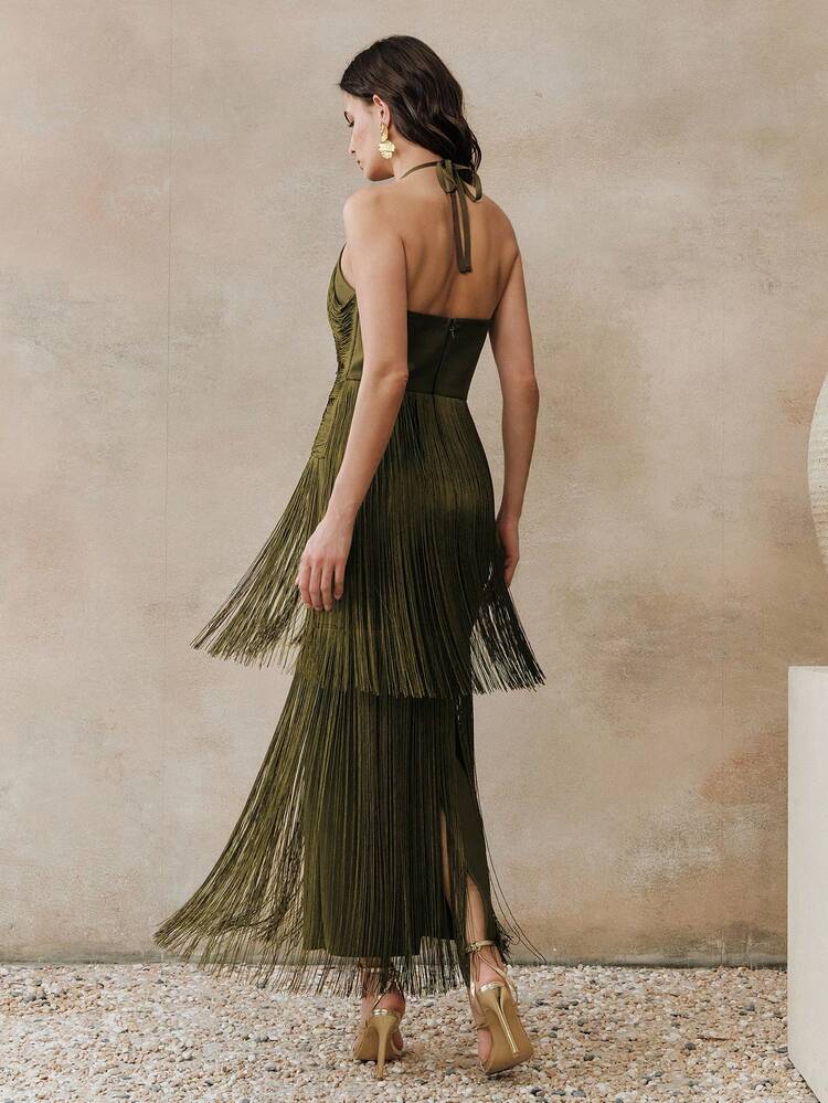 Anewsta Women's New Green Military Green Elegant Banquet Ball Gown Dress, Fringe Sexy Party Valentine's Day Carnival Dress Olive Green Bridesmaid Dress Fringe Dress Elegant One Shoulder Dress Green Wedding Guest Dress - Army Green - View 2