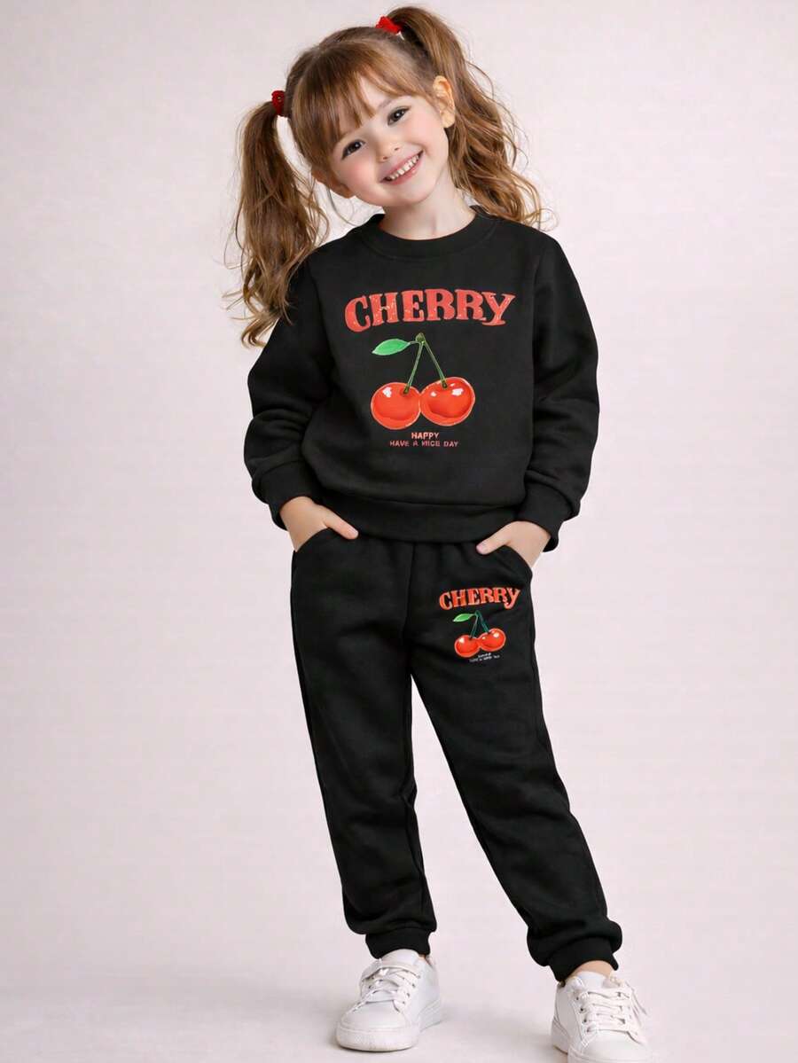 conjunto 2 piezas pants y sudadera con estampado cherry tela afelpada - Negro - Ver 1