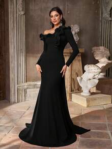 Aureia 优雅、浪漫、端庄、酒红色、弹力面料、欧根纱拼接、多层荷叶边、内置胸罩、鱼尾裙摆、拖地、时尚、节日、生日派对、婚礼、正式晚宴礼服 - 黑色 - 查看 7